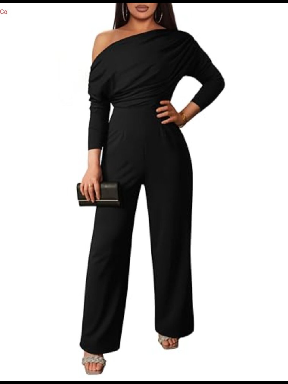 Women's Elegant Long Sleeve Off Shoulder Wide Leg Jumpsuit with Zip Back